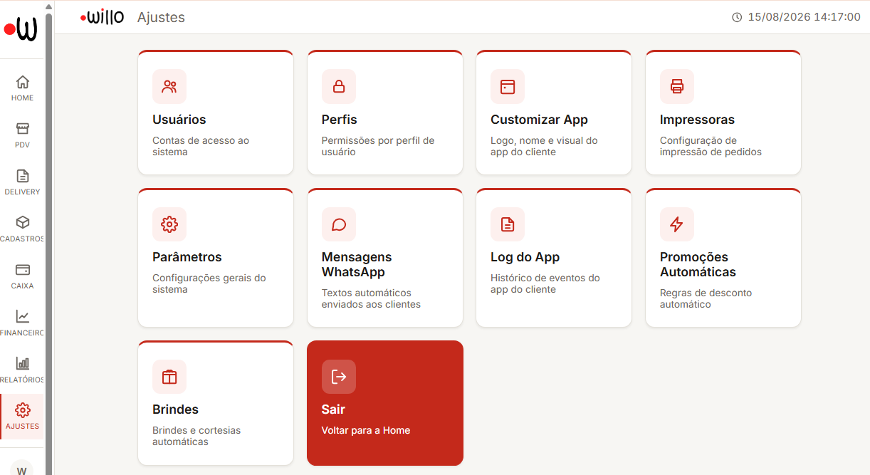 Tela de Ajustes do Willo, com usuários, perfis, customização do app e promoções automáticas