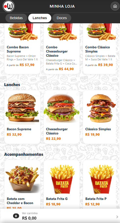 App do cliente do Willo, com cardápio de lanches e combos com fotos reais dos produtos