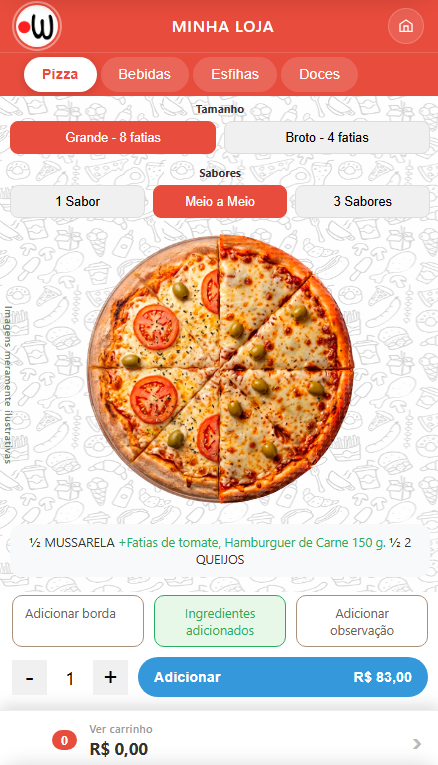 App do cliente do Willo, tela de montagem de pizza meio a meio com escolha de tamanho e sabores