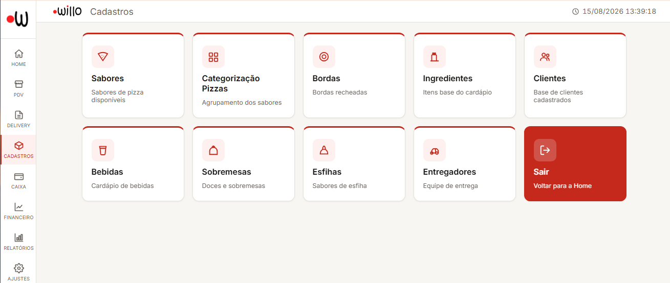 Tela de Cadastros do Willo, com sabores, ingredientes, clientes e entregadores